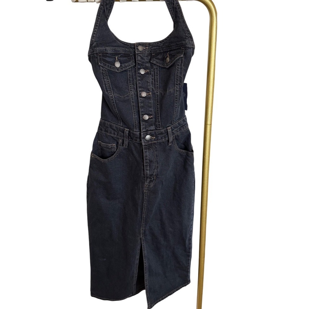 Universal Thread Denim Halter Midi Dress Dark Wash Black Button Front Size 2 NEW